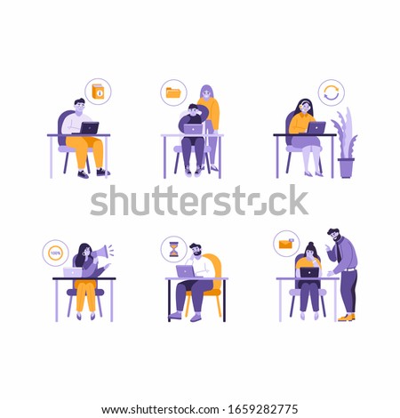 Set of vector illustrations of business office people working at the table with laptop. Issues solving, missing files, job is done, unread messages, process at work icons of men and women.