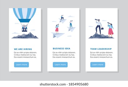 Conjunto de ilustraciones vectoriales con gente de negocios mirando en spyglass. Personajes con telescopios vuelan en planos de papel, globos, escalando en la montaña para buscar nuevas perspectivas