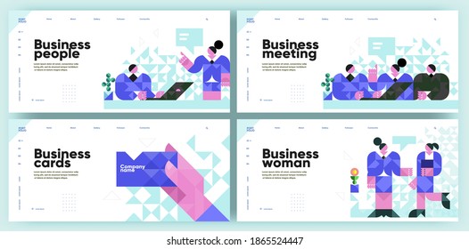 Set of vector illustrations. Business people, visiting card, meeting and dialogue of business women.Slide presentation, web page, cover. Business illustration in modern style, mosaic, vector polygons.