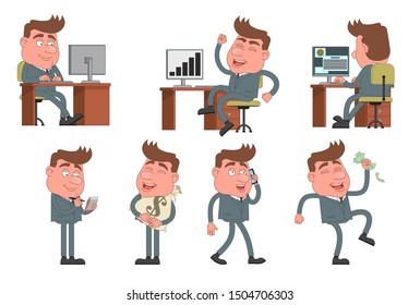 Set of vector illustrations with a businessman performing different actions. Isolated on a white background.