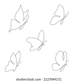 Set of vector illustrations of butterflies made in the style of a continuous line on an isolated background