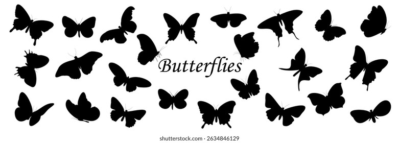  Set of vector illustrations of butterfly silhouettes is a collection of butterfly silhouettes for arrival plans, motifs, cards and designs