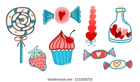 A set of vector illustrations, cakes, caramels, strawberries, a carmel stick in the style of a doodle, the style of the 80s, Valentine's day, Romantic illustration for postcards, posters, stickers