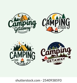 Un conjunto de Ilustraciones vectoriales del Logo del Camping con árboles forestales, carpa y fogata