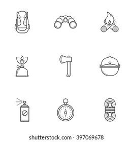 Set of vector illustrations for camping, traveling, hiking. This is a basic tourist equipment necessary for survival in the wild (in the woods, in the mountains).
