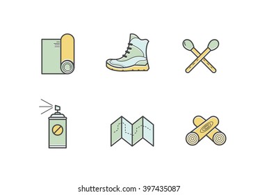 Set of vector illustrations for camping, traveling, hiking. This is a basic tourist equipment necessary for survival in the wild (in the woods, in the mountains).