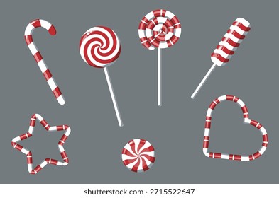 Conjunto de Ilustraciones vectoriales de caramelos. Las brillantes piruletas a rayas del año Nuevo en un palo.