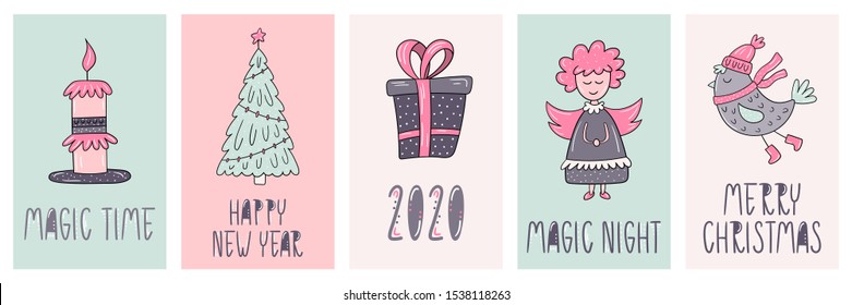 Set of vector illustrations of candle, Christmas tree, gift box, angel, winter bird with hand drawn lettering of Christmas time and New year 2020 - Design for greeting card, poscard, flyer