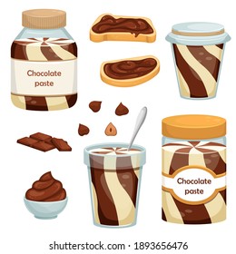 Set of vector illustrations with cans of chocolate paste, sandwiches, chocolate and nuts. Dessert. Sweet snack.