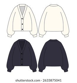 Set of vector illustrations of cardigan with 3 buttons, front and back view. Sketch of sweater with v-shaped neckline. Sketch of a woman's sweater made of knitted fabric in white, black colors.