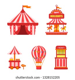 Set of vector illustrations of carnival circus icons with tent, carousels, flags isolated on white background.Print, design element.