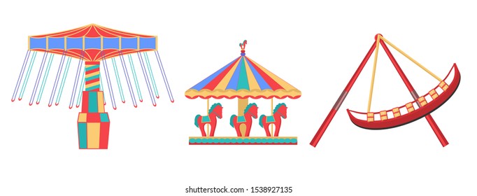 Set of vector illustrations of carousels isolated on white background. Print, design element. Park carousels icons.