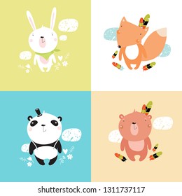 Set of vector illustrations with cartoon animals. cute fox, rabbit, bear, panda.
