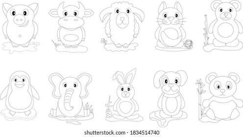 set of vector illustrations of cartoon animals. Coloring book for children. Cute characters for cards, invitations, labels for children's holidays. 