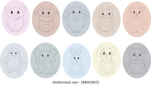 set of vector illustrations of cartoon animals. Coloring book for children. Cute characters for cards, invitations, labels for children's holidays. Print for clothes, label, patch, sticker.