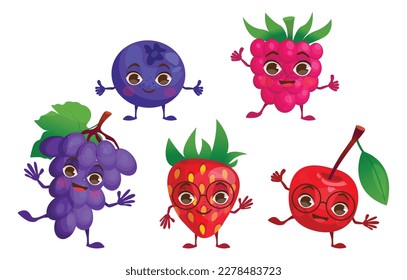 Set of vector illustrations with cartoon berries. Grapes, strawberries, blueberries, cherries, raspberries. With arms and legs.