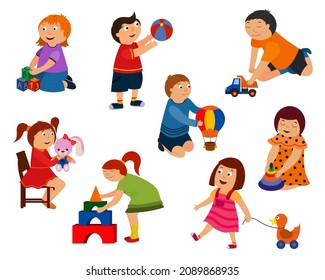a set of vector illustrations, cartoon children playing with toys. isolated on a white background.