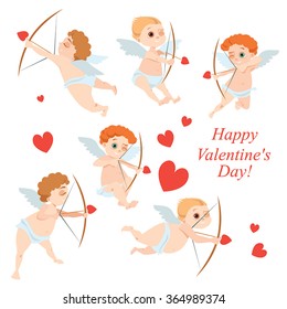 Set of vector illustrations of cartoon Cupids