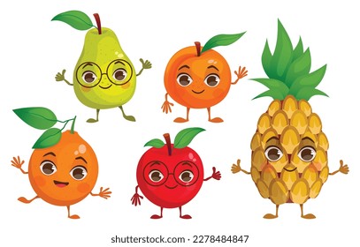  Set of vector illustrations with cartoon fruits. Pear, apple, orange, pineapple, peach. With arms and legs.