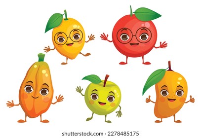 Set of vector illustrations with cartoon fruits. Lemon, apple, papaya, grapefruit, mango. With arms and legs.