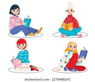 Set of vector illustrations with cartoon girls (women) reading a book.