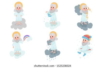 Set Of Vector Illustrations With Cartoon Gods Making Dayly Routins On White Clouds