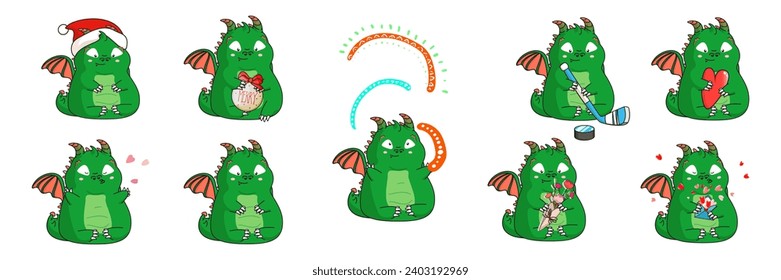 Set of vector illustrations of cartoon green dragon, Santa dinosaur, hockey player dragon, dragon in love, rainbow. 9 isolated characters for website, information graphics, video, animation, websites
