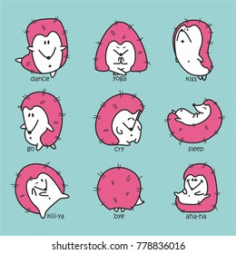 Set vector Illustrations of cartoon hedgehog. Faces with different emotions. Stickers. Comics. Animation