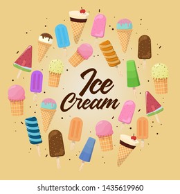 
Set of Vector illustrations of cartoon ice cream, popsicle and fruit ice. Colorful and sweet set of various ice cream for your design. Cute stickers in the form of ice cream and popsicle.