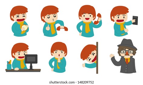 Set of vector illustrations of a cartoon man, in the context of an office.