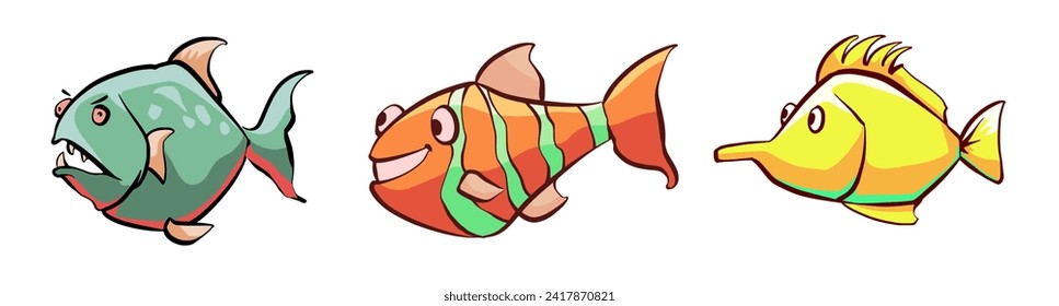 set of vector illustrations of cartoon marine fish, colorful cute fish, isolated on white background