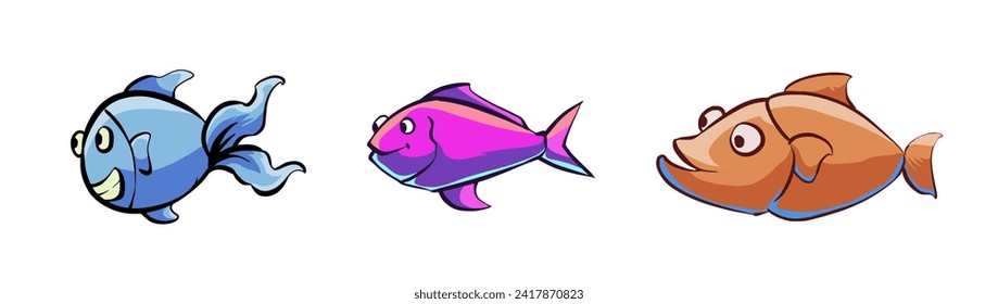 set of vector illustrations of cartoon marine fish, colorful cute fish, isolated on white background