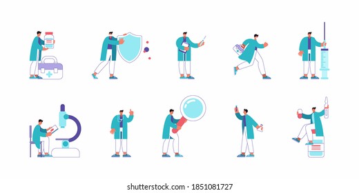 Set of vector illustrations of cartoon medical practitioners using assorted tools and doing various activities while working in modern hospital