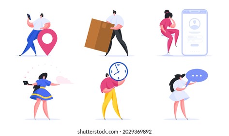 Set of vector illustrations with cartoon men and women in casual outfits using contemporary delivery and communication services on digital devices