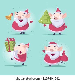 Set Vector Illustrations /cartoon Pig stickers in the cap of Santa Claus for the greetings Merry Christmas and Happy New Year