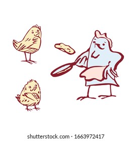 A set of vector illustrations in a cartoon style. Two chickens watch a hen bake pancakes. Hand drawn. On white background.