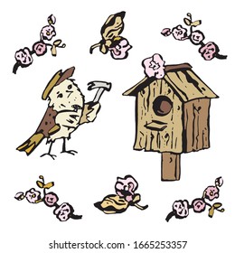 Set of vector illustrations in cartoon style. A bird in a cap with a hammer in his hands is repairing his house. Flower arrangements. Hand drawn.