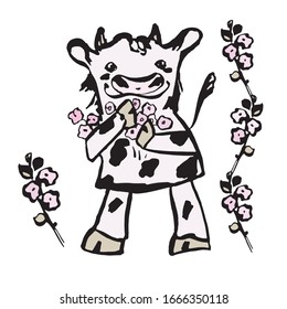 Set of vector illustrations in cartoon style. A cute spotted cow is holding pink flowers. On white background. Hand drawn.