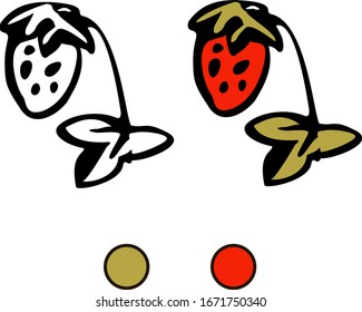 Set of vector illustrations in cartoon style. Strawberries with a leaf. Outline drawing with and without color. For coloring. Isolated on a white background.
