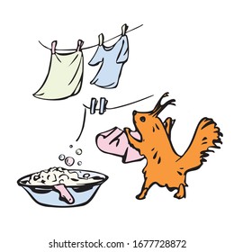 Set of vector illustrations in cartoon style. Squirrel hangs clothes for drying on a rope. Washing basin with foam. Towel and T-shirt are dried on a rope. Isolated on a white background.