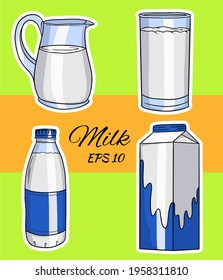 Set of vector illustrations in cartoon style of glass bottles with milk. Milk in a glass, a jug, in a cardboard box, in a bottle.