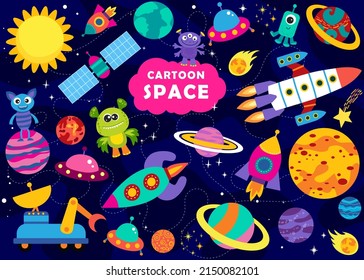 set of vector illustrations in cartoon style about space