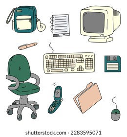 Eine Reihe von Vektorgrafiken im Cartoon-Stil. Arbeitsplatz, Heimbüro. Retro-Artikel für Arbeiten