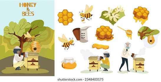 Conjunto de ilustraciones vectoriales, en estilo de caricatura, personajes de personas, hombres, mujeres, abejas, sobre el tema de la miel, abejas, apicultura.