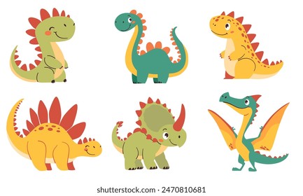 Set of vector illustrations in cartoon style. Super Cute dinosaurs on white background