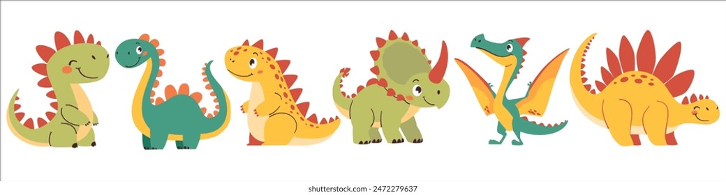 Set of vector illustrations in cartoon style. Super Cute dinosaurs on white background