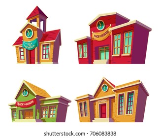 Set of vector illustrations cartoon of various color old, retro educational institutions, schools isolated on white background. Template, design element, print.