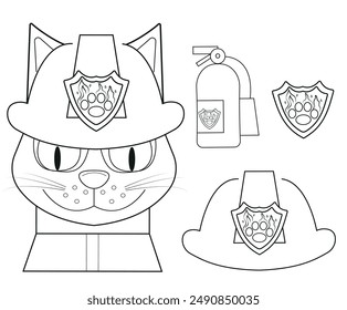 conjunto de Ilustraciones vectoriales de un gato con uniforme y casco de un bombero, un extintor y fuego dibujado en estilo de arte de línea, aislado sobre un fondo blanco