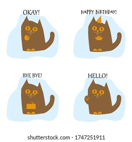 Set of vector illustrations. Cat with various gestures, symbols, emotions, inscriptions. Okay Happy Birthday. Bye Bye.Hello .