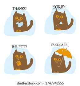 Set of vector illustrations. Cat with various gestures, symbols, emotions, inscriptions. Thank! Sorry Be fit! Take care!